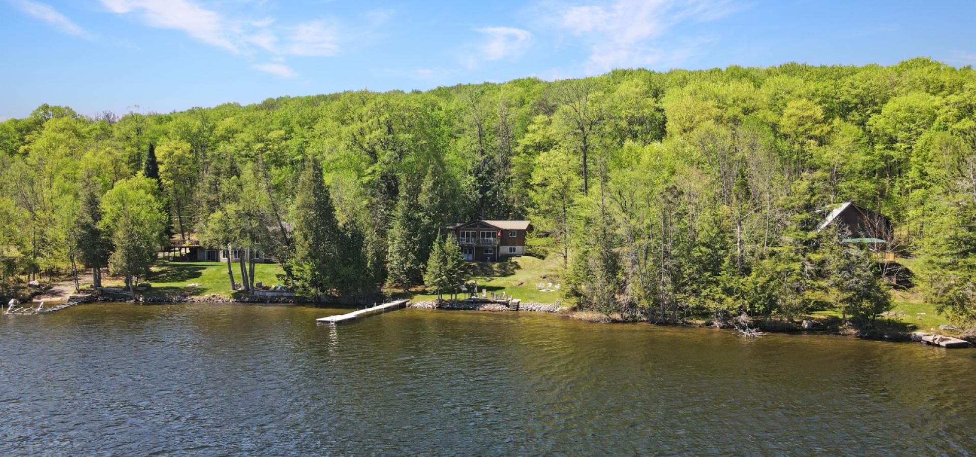 Cottage on a slight hill, trees on the sides, long dock in the water