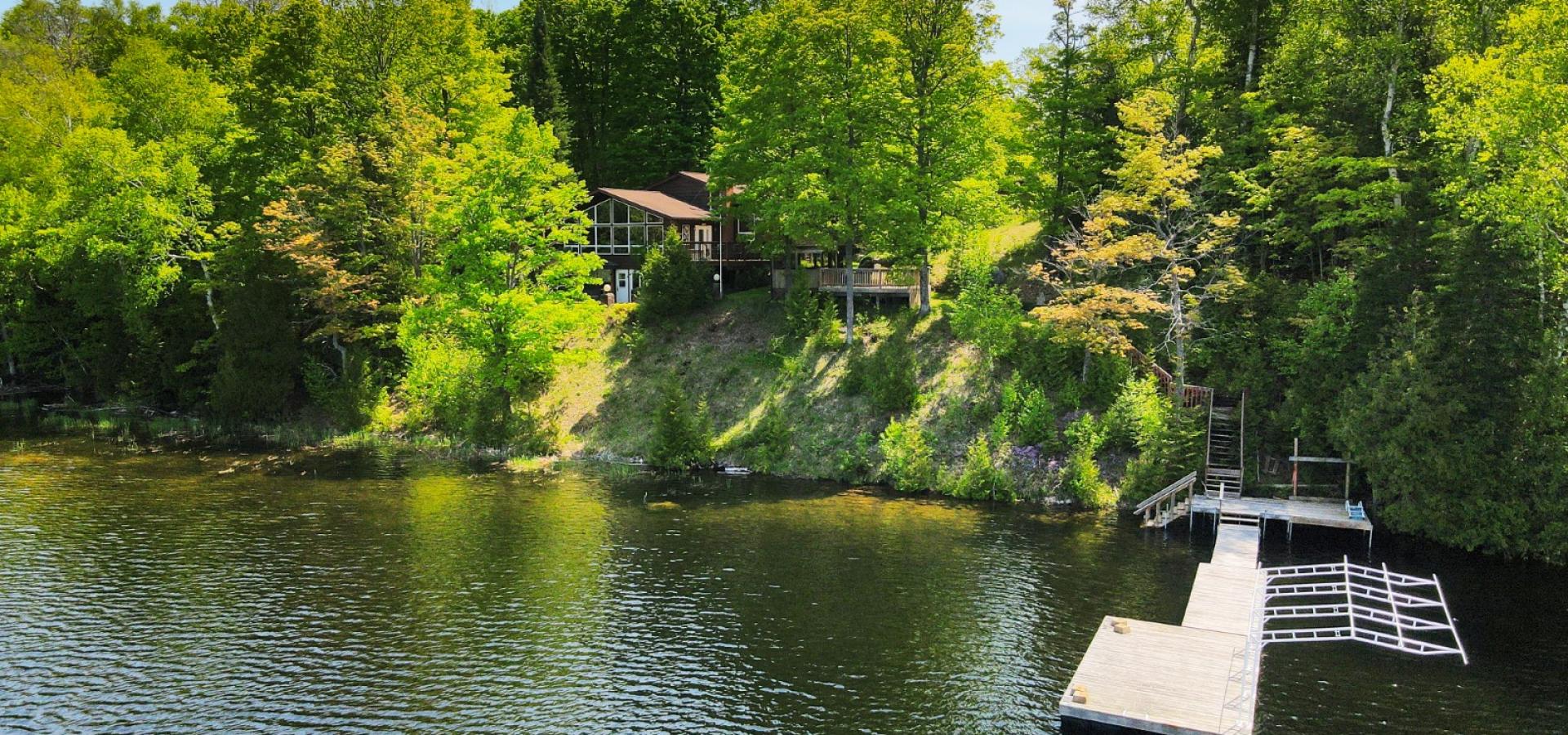 Cottage hidden in the trees, long dock into the lake.