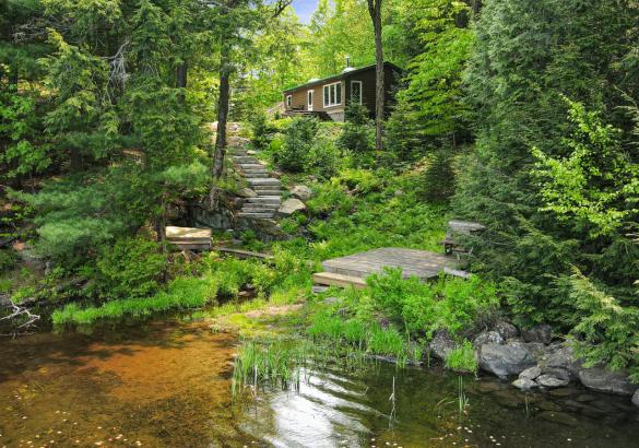 cottage on a hill with stairs up and water front