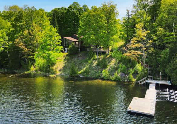 Cottage hidden by trees, with a dock in the lake.