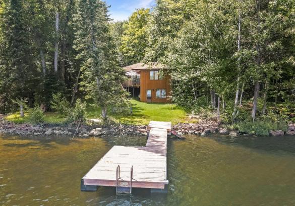 Brown wood cottage behind trees, long dock with ladder on the end