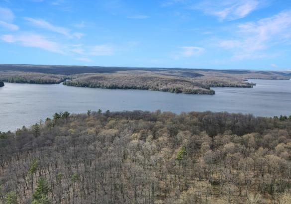 Aerial of Vacant treed building lot with lake in background