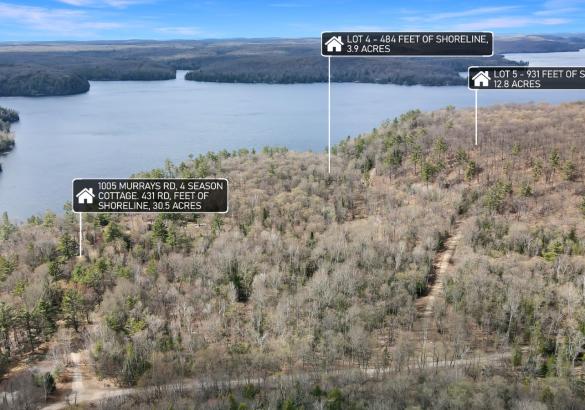 Aerial view of 3 lots with information bubbles and lake in the background